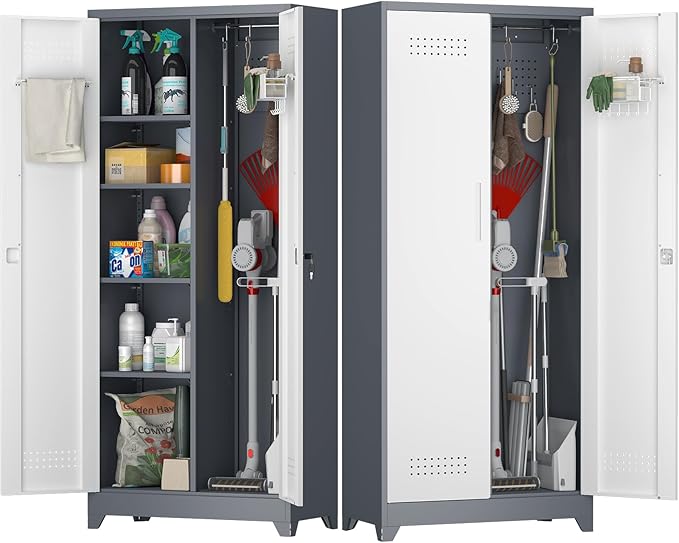Broom Storage Cabinet, Metal Cabinet with Shelves and Hanging Rod, 72.8" Utility Cabinets with Locking Door, Tall Cleaning Storage for Kitchen, Pantry, Office, Shop, Garage