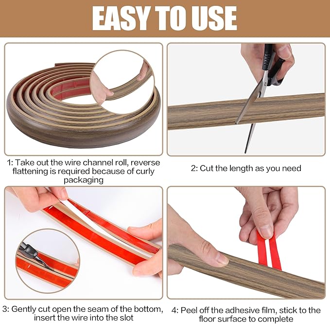Floor Cord Cover Self Adhesive Cord Hider,10FT Cable Management, Extension Strip Protector for Wires, Prevent Cable Trips for Offices, Gyms, Exhibitions Cavity:0.3"(W) x0.28(H) Woodsmokedbrown