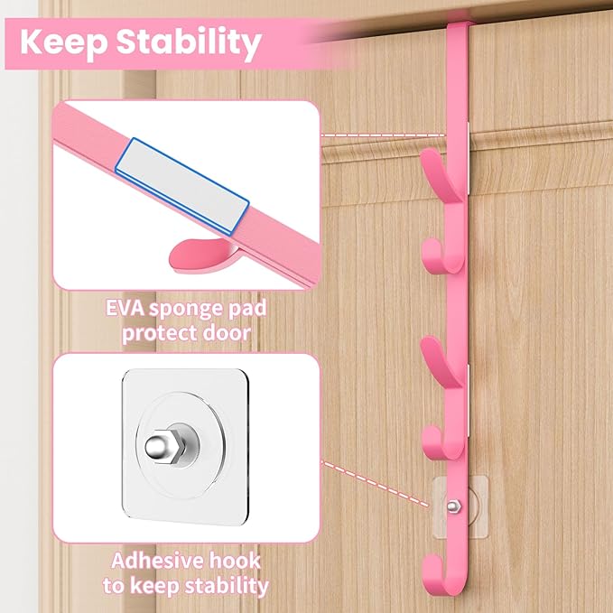 Over The Door Hooks, Metal Door Hooks for Hanging, Over The Door Purse Organizer for Coat Hanger, Back of Shower Door for Hanging Towel Rack Clothes, Hat, Bathroom, Closet (Pink-3Packs)