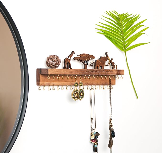 Wooden Jewelry Organizer for Women, Wall Mounted Necklace & Earring Holder with Decor, Personalized Gift Idea for Girlfriend, Anniversary, or Vanity Storage
