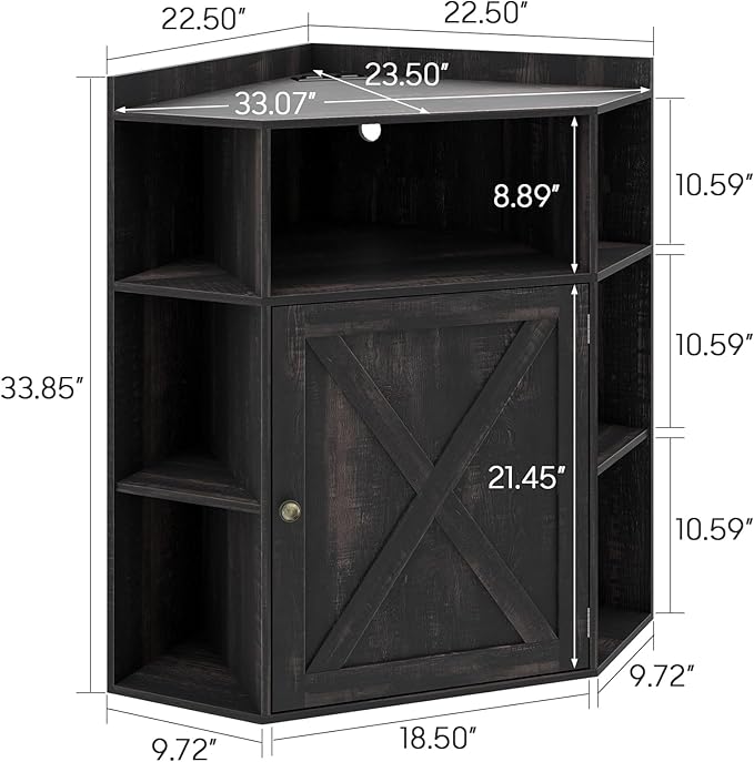 Corner Storage Cabinet, Farmhouse Corner Bookshelf with Storage 6-Cubby Wooden Cabinet with USB Ports and Outlets Industrial Organizer for Small Space, Study, Playroom, Living Room