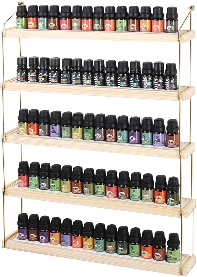 J JACKCUBE DESIGN Wall Mount Essential Oils Display Shelf with 5 Tier for 70 Bottles Holder Gold Frame and Wood Rack Organizer - MK482B