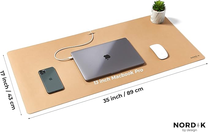 Nordik Leather Desk Mat Cable Organiser (Champagne Beige 89 X 43 cm) Premium Extended Mouse Mat for Home Office Accessories - Non-Slip Vegan Leather Desk Pad Protector & Desk Blotter Pad