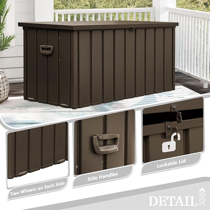 Domi 100 Gallon Metal Deck Box Waterproof, Outdoor Storage Box with Lock Wheels Side Handles Outside Storage Box for Patio Cushions, Shoes & Pool Tools