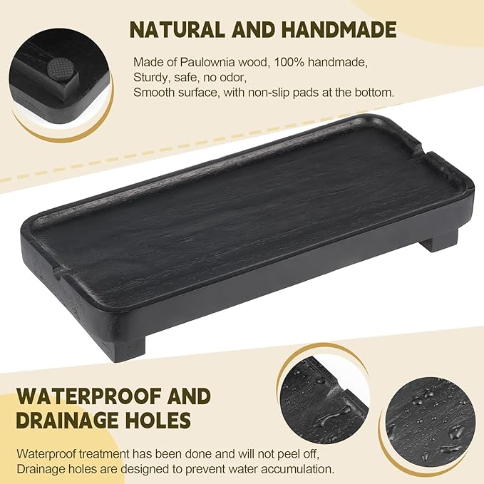 Wood Riser Small Decorative Tray Sink Soap Dish, Vanity Tray Pedestal Stand 10 x 4.5 inches (Black)