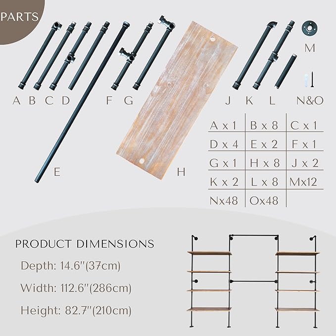 Industrial Pipe Clothing Rack, Wall Mounted Garment Hanging Rack with Shelves, 14.6x112.6x82.7 Inches, Model Y03