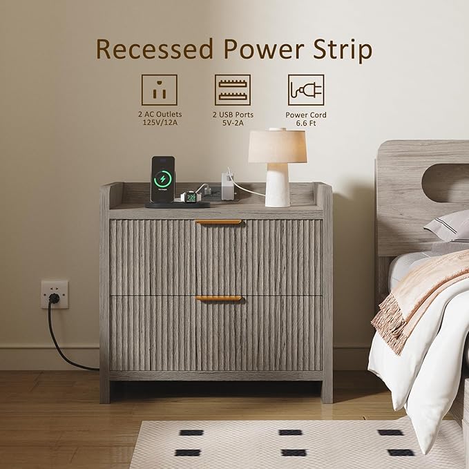 Fluted Nightstand with Charging Station, 23.6" Modern Night Stand with 2 Drawers, Side Table with Storage, Bedside Table for Bedroom, Living Room, Grey