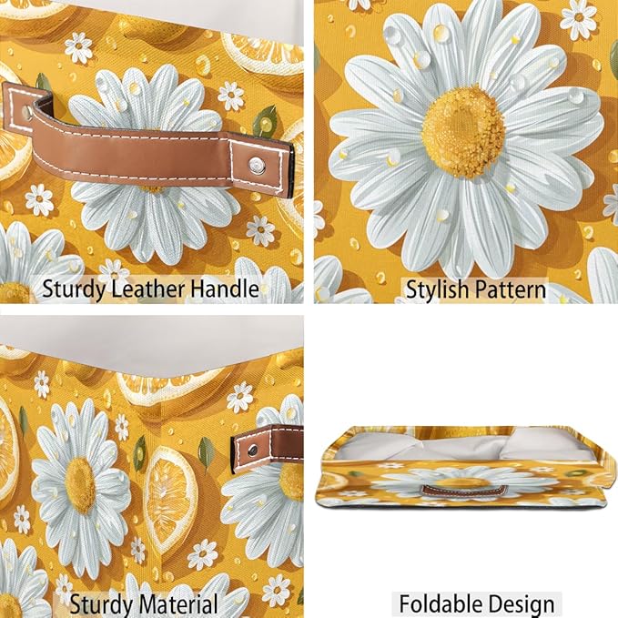 TropicalLife 13x13x13 Inch Large Fabric Storage Cube Lemon Daisy Foldable Storage Bin with Handles Organizer Boxes Cube Basket for Shelves Organizing Closet