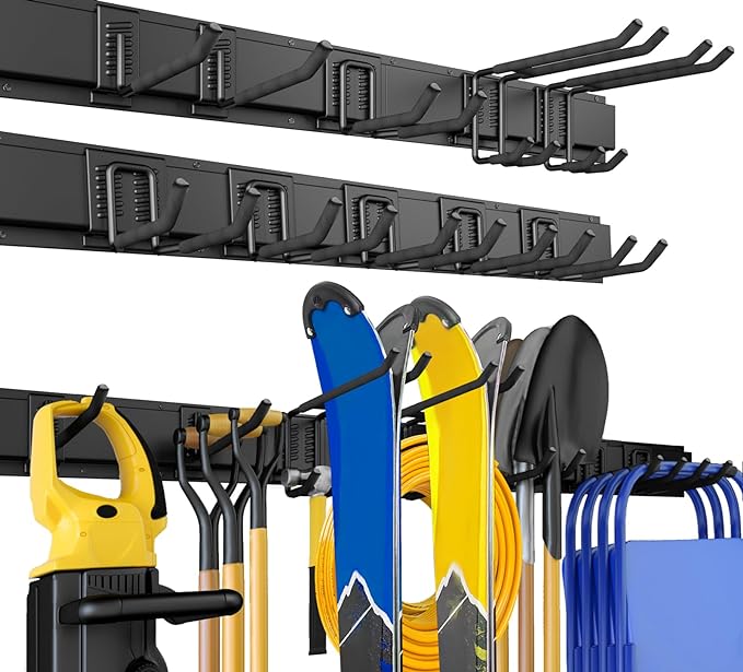 64 Inches Garage Storage, UUP Garage Organization Wall Mount Garden Tool Organizer, 620lbs Adjustable Metal Hooks, Yard Shed Rail Rack, Lawn Tool Holder for Hanging Rake Broom Mop Snowboard, Home Gift