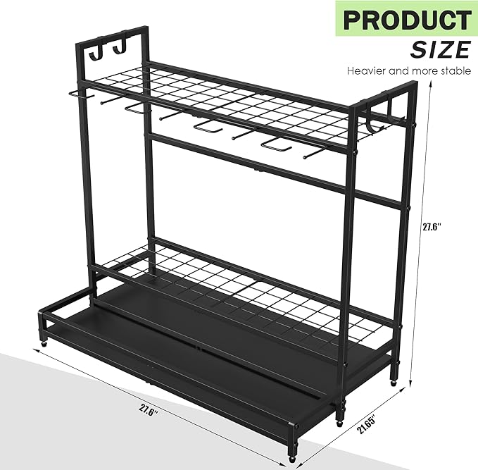 Garden Tool Organizer for Garage, Yard Tool Rack, Holds Up to 64 Long-Handled Tools, Black Metal Garden Tools Rack Storage with Hooks for Yard Shed Garage Organization