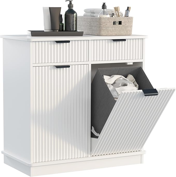 White Double Tilt Out Laundry Hamper Cabinet Laundry Basket Cabinet Hidden Laundry Hamper with 2 Drawers & 2 Baskets for Bathroom Bedroom,30x30x16in