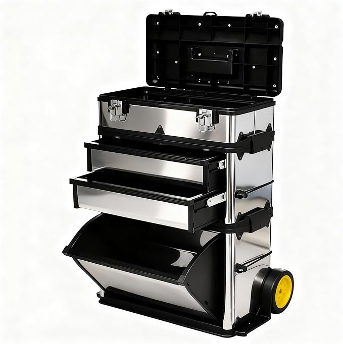 Zateety Rolling Tool Box - 3 Parts Sliding Shelf Removable Tool Chest - Stainless Stackable Tool Storage Cabinet with Wheels & Locks for Tools Organizer or Arts Crafts Supplies, Sliver