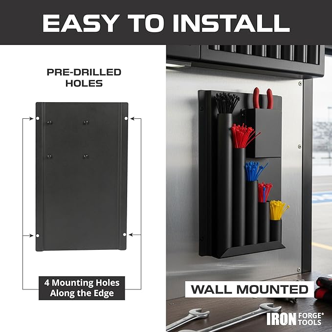 Iron Forge Tools Zip Tie Holder, Cable Tie Organizer for Enclosed Trailer Storage, Work Truck, Race Trailer & Garage Organization. Wall Mounted, Black Powder Coated Steel, Includes Mounting Hardware