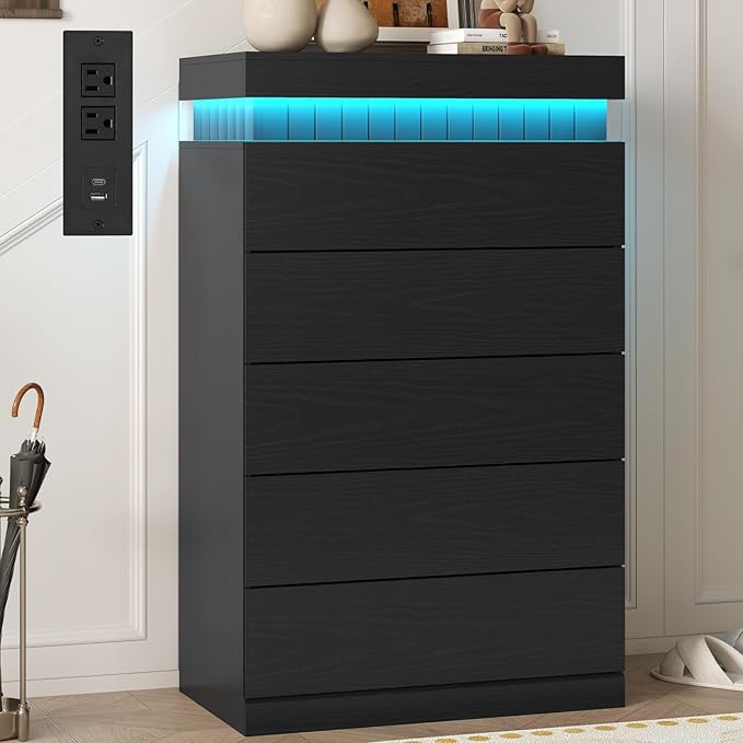 Tall Black 5 Dresser for Bedroom, Sliding Top Storage Space, Modern Wood Drawers with LED Light and Power Outlet, Large Chest of Drawer for Living Room, Hallway, Entryway (5 Drawers,Black)