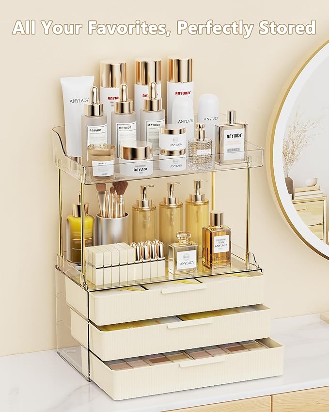 Bathroom Organizers and Storage, Makeup Organizer (Sturdy Durable Attractive), Ideal for Vanity, Countertop, Counter, Perfume, Skincare, Cabinet, Cosmetic, Dresser Organizer (Cream)