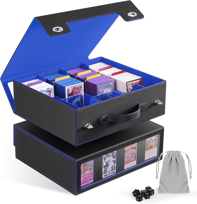 ZLCA MTG Storage Box 4-Row with Handle, MTG Deck Box Holds 3000+ Trading Cards with Portable Handle Dice Tray, Commander Storage Card Case for Top Loaders TCG PTCG Sport Card(Black&Blue)