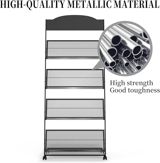 Floor-Standing Magazine Rack 4-Layer with Wheels, Semi-arched top Brochure Display Stand, High-hardness metal for Exhibitions, Office, and Any Organization Requiring Information Display (Arc-Black)