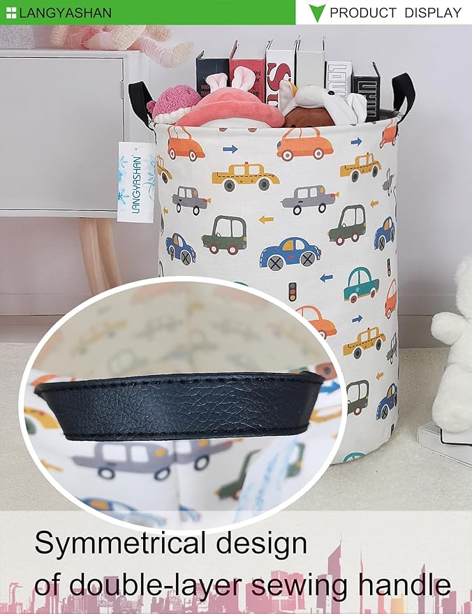 LANGYASHAN Laundry Basket Canvas Fabric Collapsible Organizer Basket for Storage Bin Toy Bins Gift Baskets Bedroom Clothes Children Nursery Hamper (Round Color Cars)