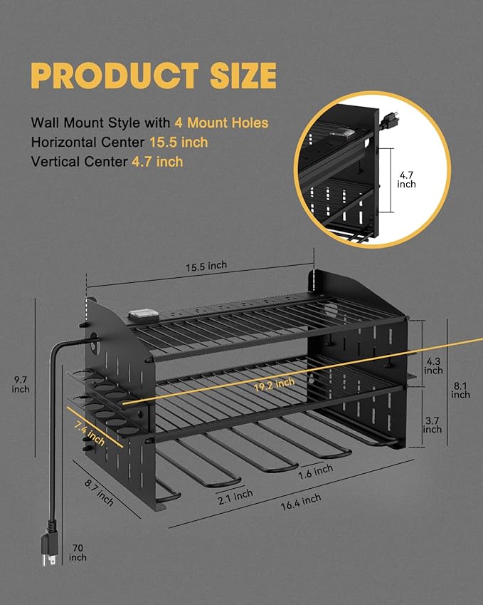 Power Tool Charging Station - 3 Layer Wall Mount Power Tool Organizer with Charging Station for Power Drill, 6AC Outlets, Great as Heavy Duty Tool Rack & Tool Holder for Garage Organization