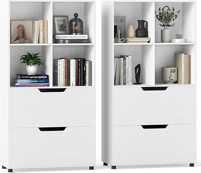 GOFLAME 4-Tier Bookcase with 2 Drawers, 51” Tall Bookshelf with 4-Cube Open Shelf, Wood, Modern, Freestanding Display Storage Organizer Shelf for Living Room, Home Office (2,White)