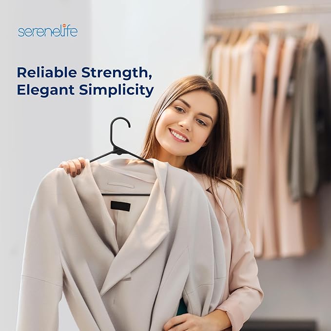SereneLife 150 Pack Plastic Hangers, Lightweight, Durable, Space Saving Clothes Organizers, Suitable for Shirts, Sweaters, Hoodies, Dresses, Kids Clothes, Good for Home Organization (Black)
