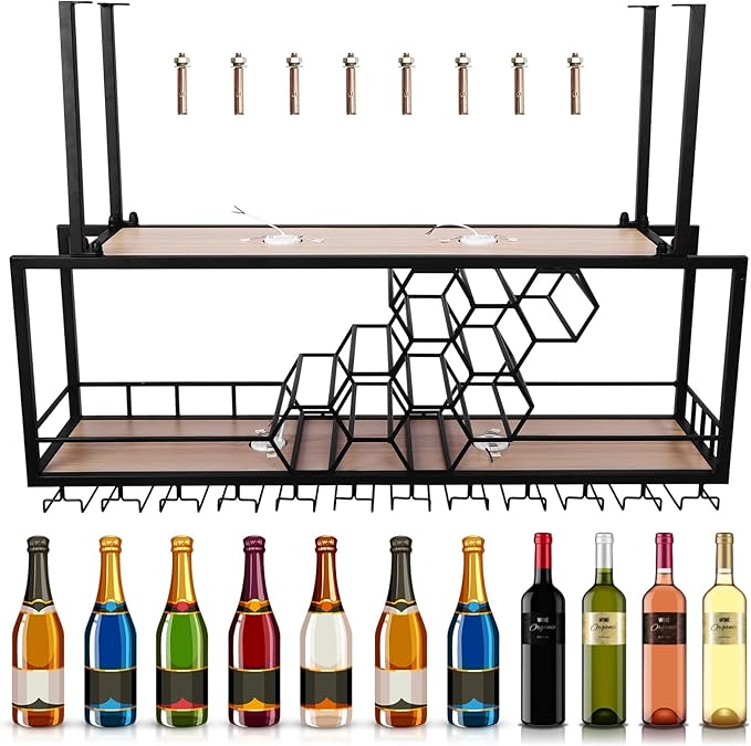 Metal Hanging Wine Rack Hanging Organizer Ceiling Bar Wine Glass Rack with Glass Holder and Shelf Multi Functionl Wine Bottle Holder Organizer, for Bar Cafe Kitchen