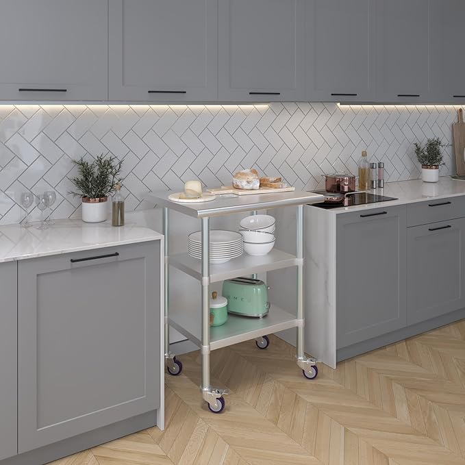 AmGood Stainless Steel Work Table with 2 Shelves and Casters | Metal Utility Table On Wheels (Stainless Steel Work Table with 2 Shelves + Casters, 30" Long x 24" Deep)