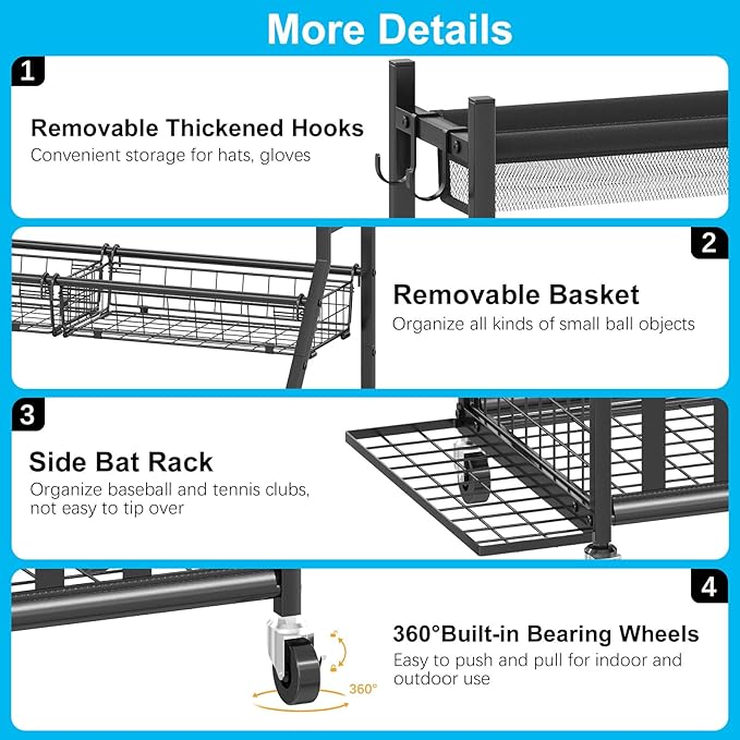 Garage Sports Equipment Organizer,Sports Ball Organizer with Wheels,Basket,Ball Organizer with Baseball Bat Rack and HooksToy Storage Rolling Cart-Black