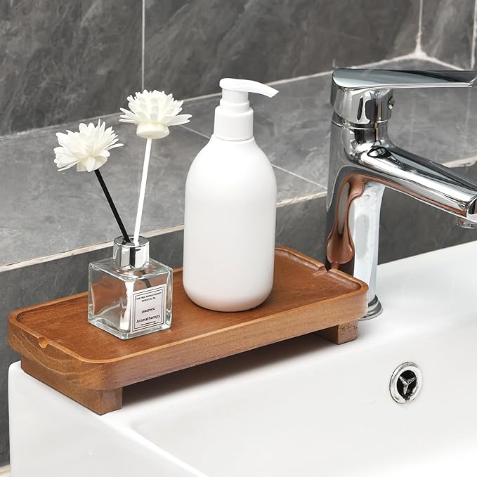 Wood Riser Small Decorative Tray Sink Soap Dish, Vanity Tray Pedestal Stand 10 * 4.5 inches (Light Brown)