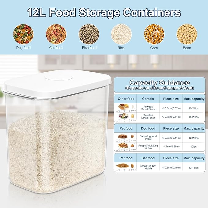Rice & Flour Storage Container, Cereal Containers Storage, Dry Food Airtight Dispenser BPA Free, Clear Plastic Kitchen and Pantry Organization Bin (White (13Qt-1Pack), 13Qt)