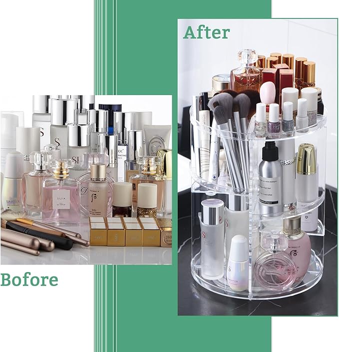 360 Rotating Makeup Organizer,DIY Adjustable Spinning Holder,Foldable Cosmetic Storage Display box,Large Capacity Make up Caddy Shelf,Fits Countertop Vanity and Bathroom (CLEAR)