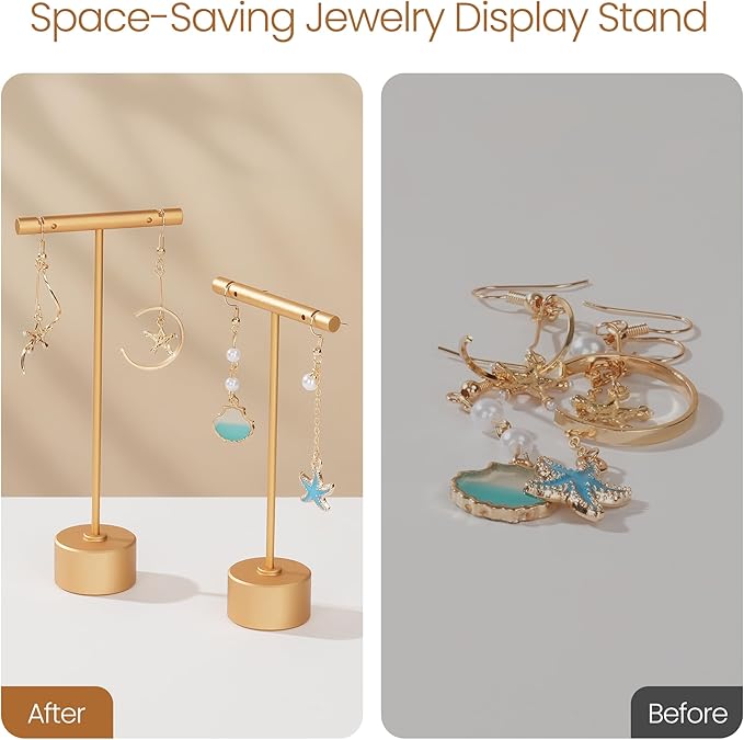 Metal Earring Stand Display Round Base Earring T Bar Display Necklace Bracelet Ring Ear Studs Jewelry Display Rack for Vendors Photography and Showcase, Gold 2pcs Height 5.31" and 4.52"