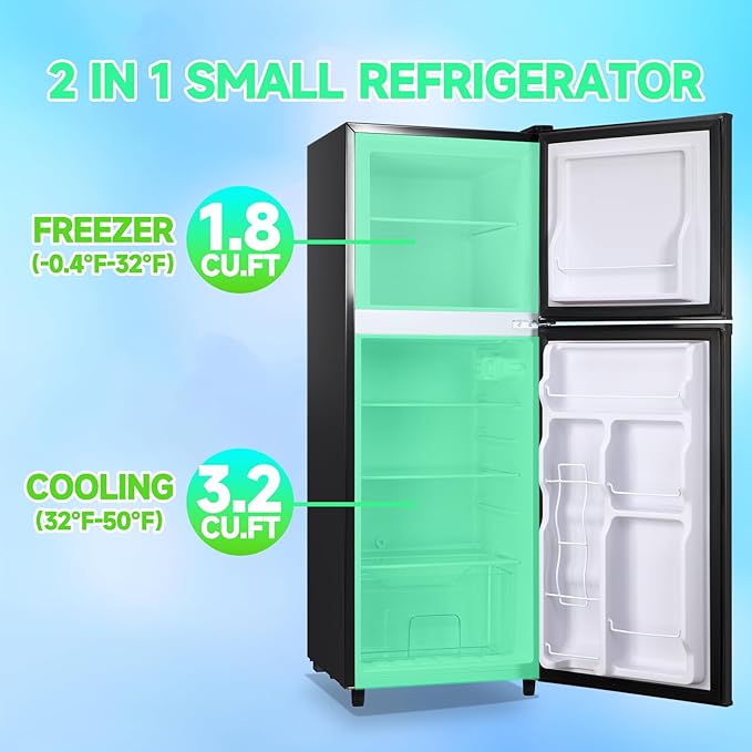 5.0 Cu.ft Refrigerator with Freezer Small Fridge Drink Holder Double Door Refrigerator Adjustable Glass Shelves for Home,Apartment,Office Black
