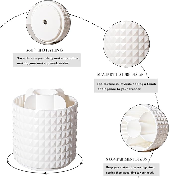 Anyoifax Makeup Brush Holder Organizer 360°Rotating Make Up Brushes Container for Vanity, Spinning Cosmetics Storage Cup, Masonite White