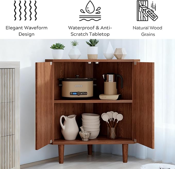 Fluted Floor Corner Kitchen Cabinet, Wooden Freestanding Cabinets Organizer with Door, Side Storage Organizer for Living Room, Dining Room, Bathroom Walnut