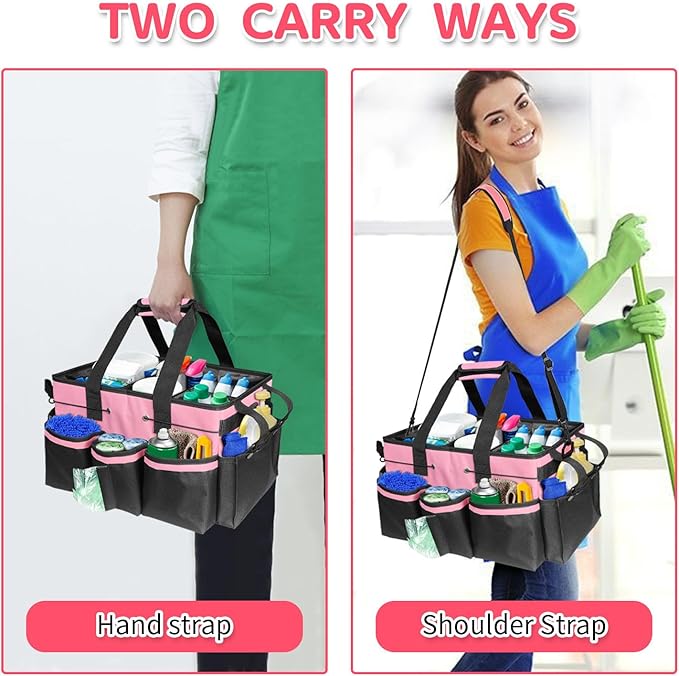 Boczif Cleaning Caddy Bag Wearable, Cleaning Caddy Supplies Organizer with Handle, Shoulder Straps & Detachable Divide, Cleaning Tool Organizers Tote Bag for Cleaners & Housekeepers(Pink)