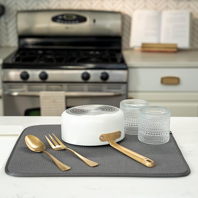 S&T INC. Dish Drying Mat 2 Pack, 16” x 18”, Absorbent Microfiber Kitchen Counter Mat, Dish Drying Pad for Dishes, Utensils, Pots and Pans, Large, Charcoal Grey