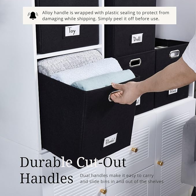 DECOMOMO Black Storage Bins, 11 inch Cube Storage Bin with Labels, Felt Baskets (Cube 11" / 6pcs, Black)