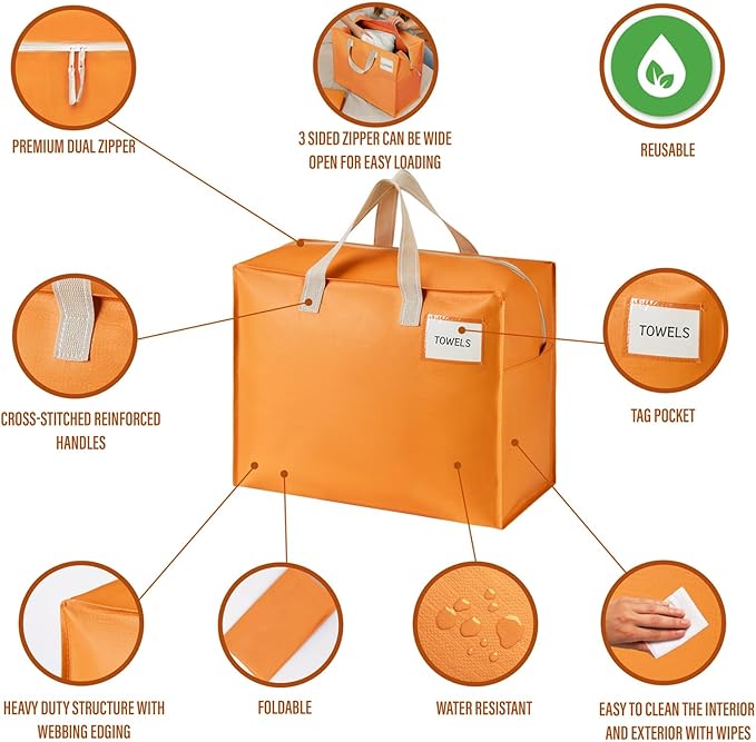 VENO 4 Pack Heavy Duty Moving Bags, Storage Bags, Packing Supplies, Top Zipper, Storage Totes for Camping, Clothes, Bedding, Comforters, Pillows (13 Gallon, Seasonal Autumn Orange, 4 Pack)