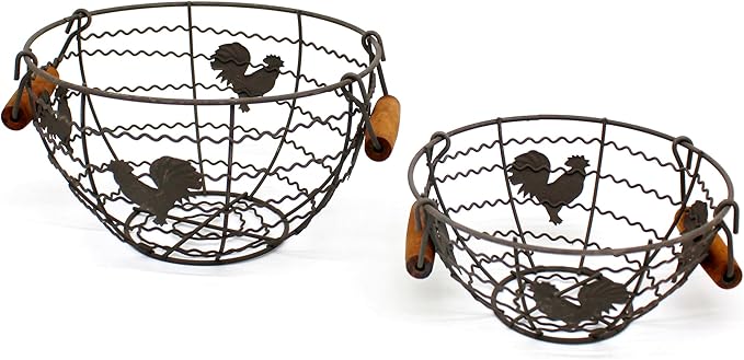 CVHOMEDECO. Round Wire Egg Baskets Rustic Fruit Baskets with Wooden Handles Farmhouse Collecting Basket. Rusty, Set of 2