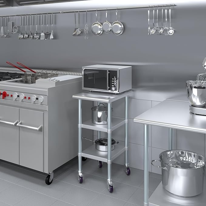 AmGood Stainless Steel Work Table with 2 Shelves and Casters | Metal Utility Table On Wheels (Stainless Steel Work Table with 2 Shelves + Casters, 18" Long x 24" Deep)