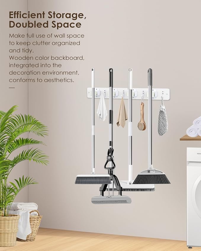 AceMining Broom Holder Wall Mounted, White 4 Holders and 4 Hooks Mop Holder, Wooden Mop and Broom Holder with Anti slip rubber, Natural pine wood Brush Holder, Mop Wall Holde with Nail installation