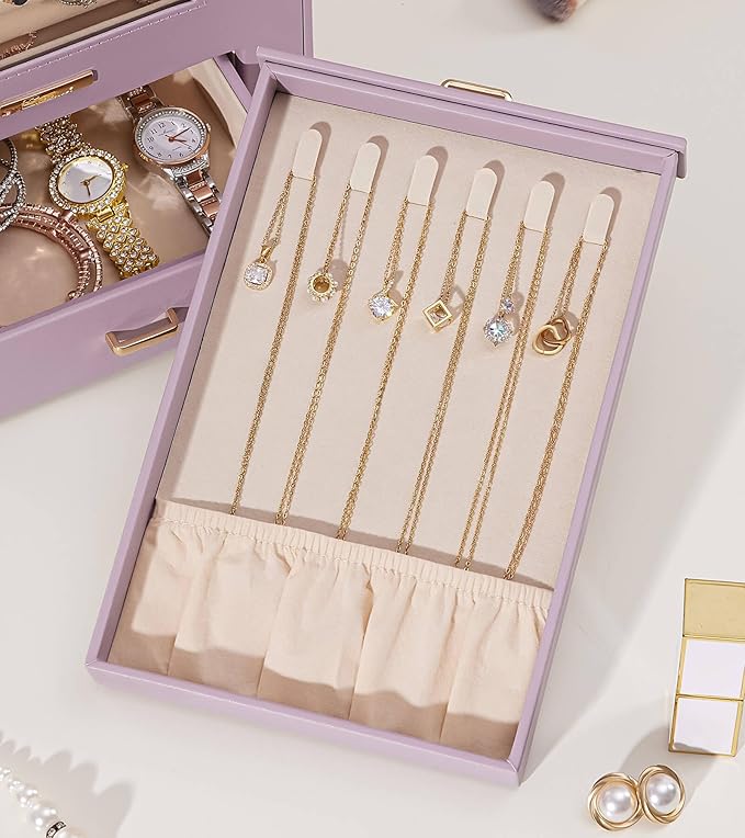Homde Jewelry Organizer with Transparent Window Necklace Hooks Gift for Women Jewelry Box Display Case for Necklaces Rings Earrings Bracelets and Other Accessories (Grey Purple)