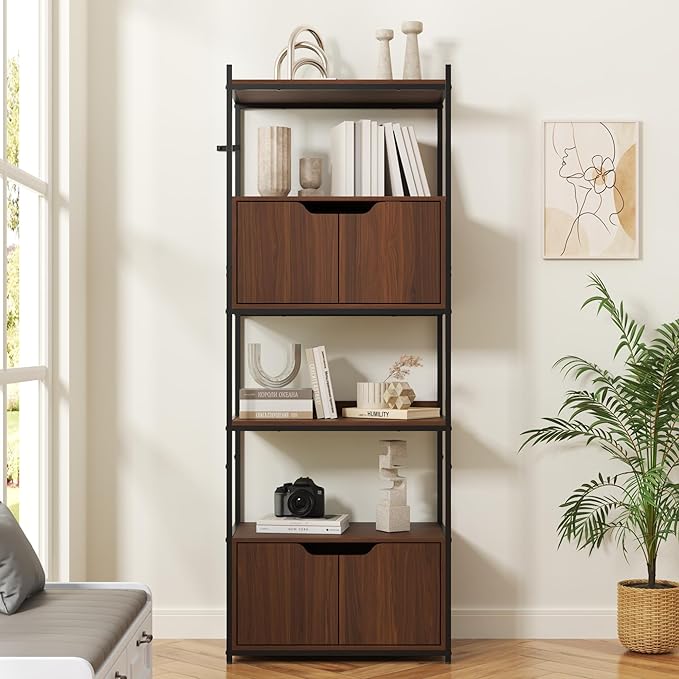 Bookcase with 4 Doors, 63" Tall Bookshelf with Storage Cabinet, 6 Tier Open Bookshelf for Display, Industrial Floor Standing Display Storage Shelves for Home Office, Living Room, Brown