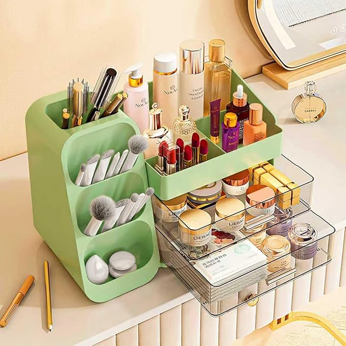 Makeup Organizer with Drawers,Large Capacity Countertop Organizer for Vanity,Bathroom and Bedroom Desk Cosmetics Organizer,Easy To Storage Skincare,Brushes,Lotions,Lipstick (Green)