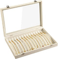 Frebeauty 15 Hooks Necklace Tray Velvet Neckalce Organizer with Clear Lid Lockable Necklace Holder Box Jewelry Organizer for Pendants Chains Necklace Jeweley Tray for Women Girls(Beige)