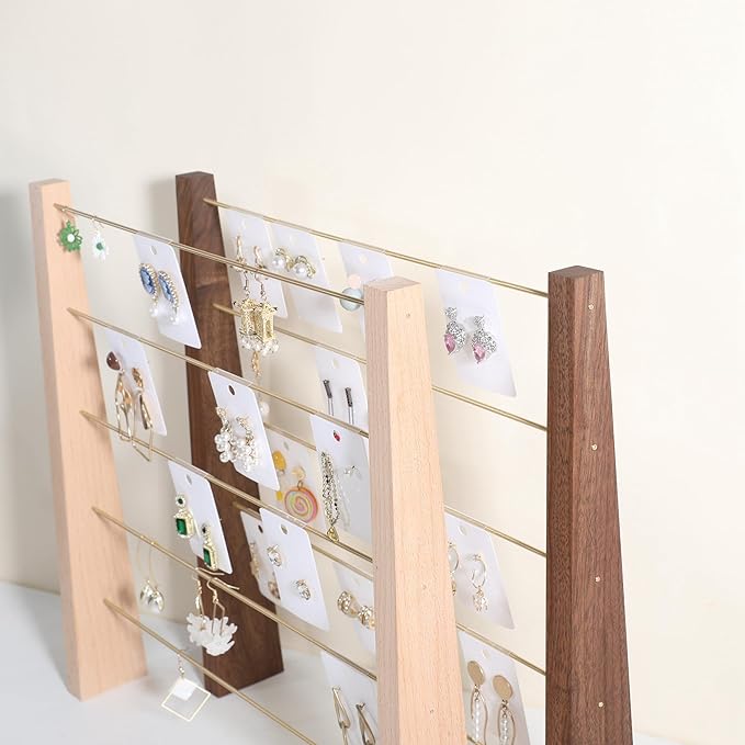 GemeShou 5 Tiers Beech Earring display stands for selling, Wooden Jewelry Shelf, Earring Storage Organizer, Brass earring holders with 30 PVC cards for stud Dangle Hoop【Beech 5-Tier】