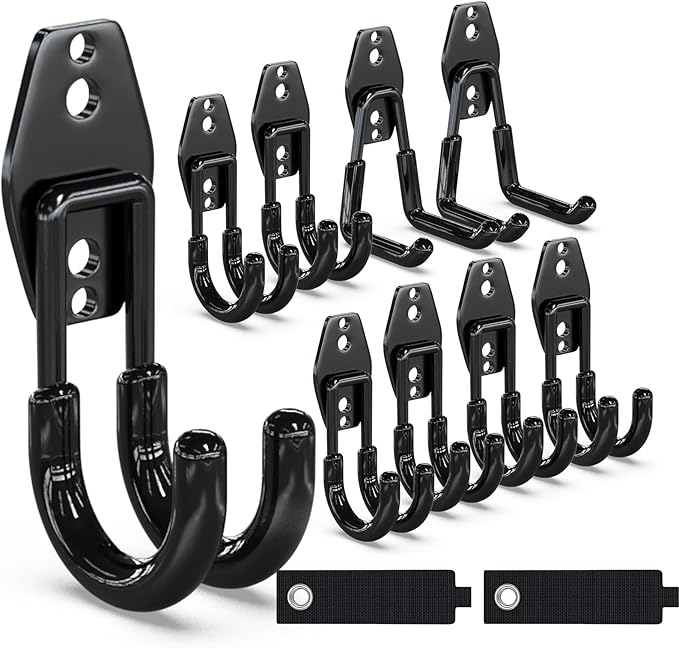 3-H Garage Wall Hooks 10 Pack, Garage Hooks Heavy Duty with Extra Welding Spots, Wall Storage Organizer for Hanging for Garden, Lawn, Yard (Black)