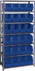 Quantum Storage Systems QSBU-265BL Giant Open Hopper Steel Shelving System, 18" D x 36" W x 75" H, with 7 Shelves and 24 QUS265 Bins, Blue