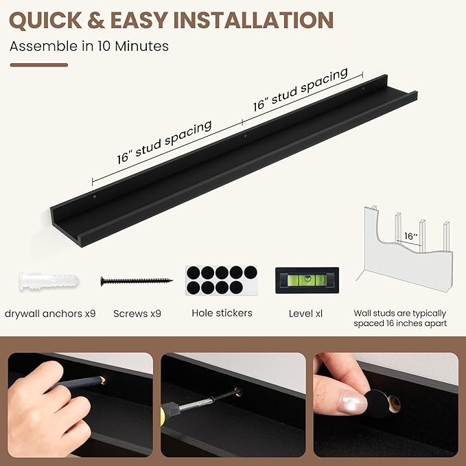 Fun Memories Picture Ledge Shelf, Black Floating Shelves Set of 4, 40 Inch Picture Shelves for Wall with Ledge, Large Nursery Book Shelf for Toys Storage, Living Room, Bedroom Decor Frames